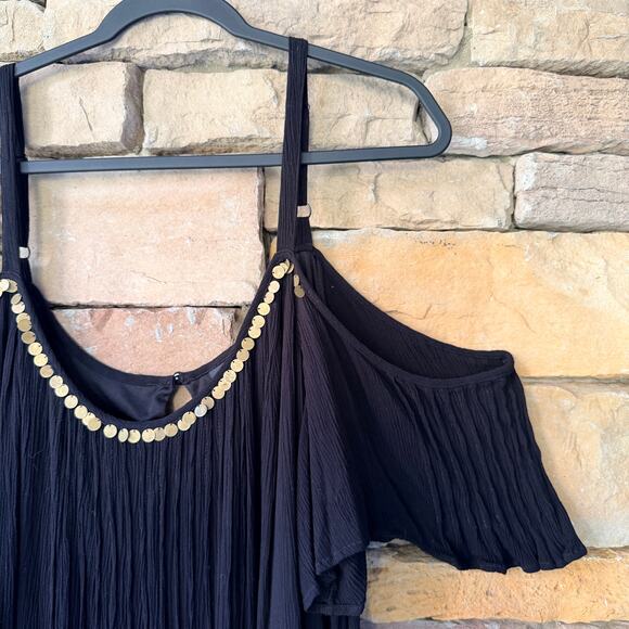 EUC TORRID 4XL Mini Gauze Black Cold Shoulder Trapeze Gold Accent Mini Dress - Picture 6 of 15